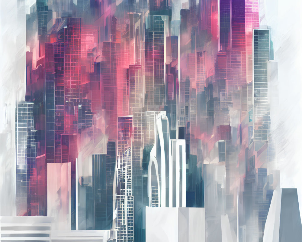 Vibrant pink and blue cityscape digital painting with brushstroke effects