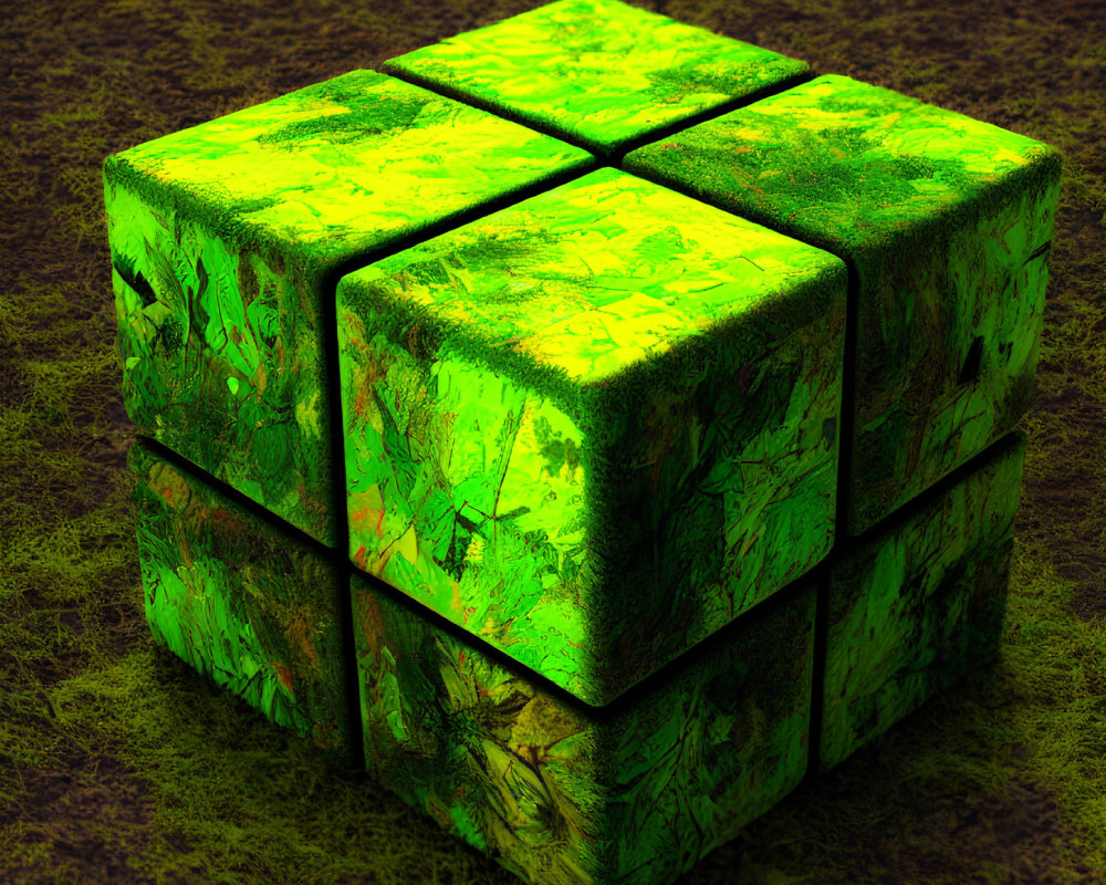 Textured green Rubik's cube on dark grainy background