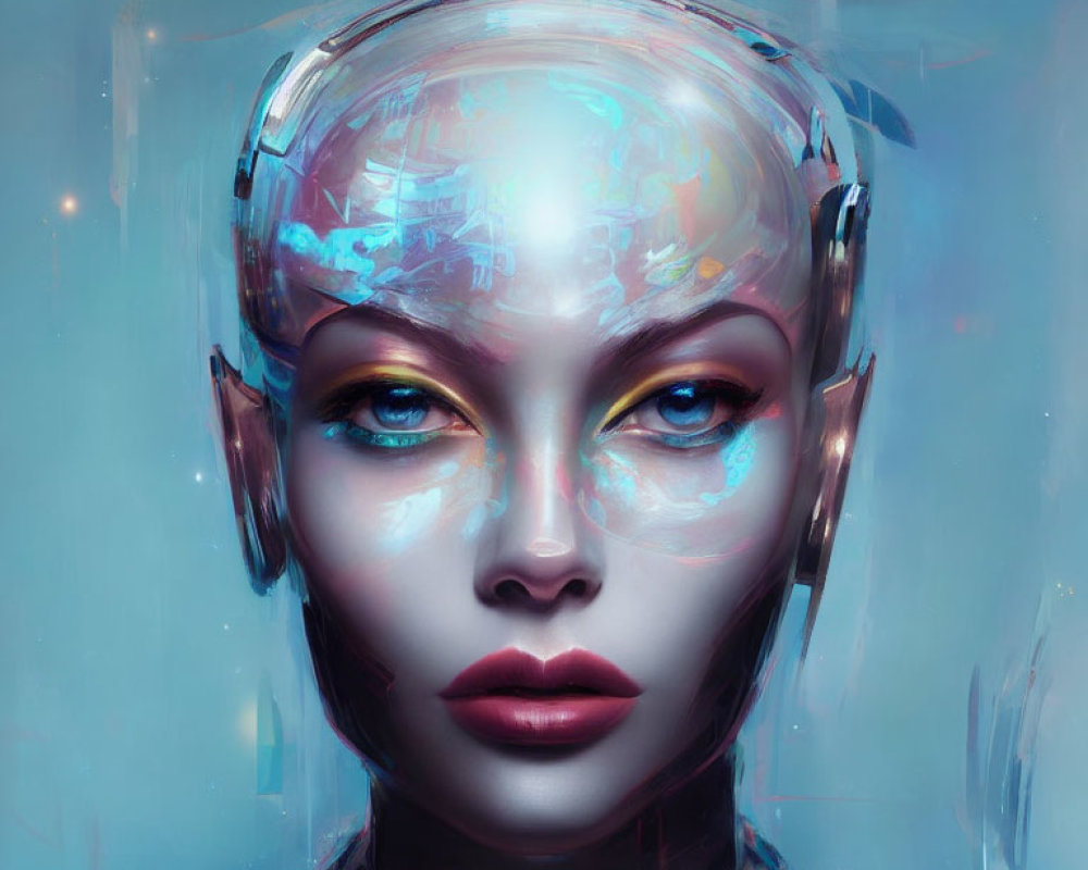 Glossy female android with artistic facial features and visible circuitry on blue background