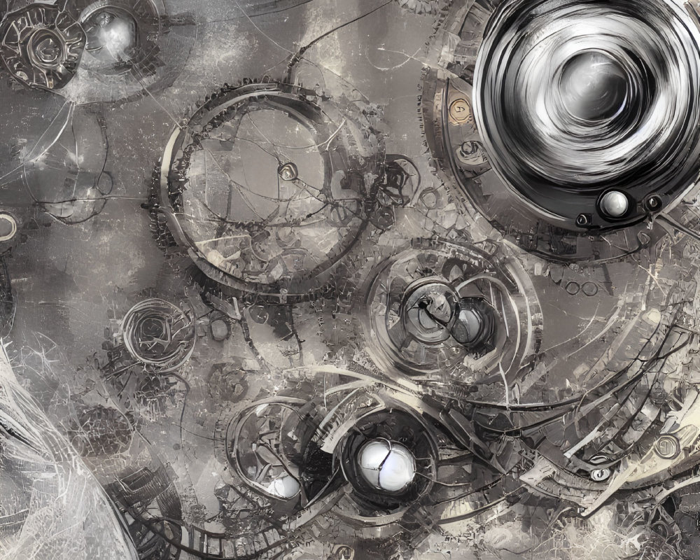 Monochrome steampunk-themed mechanical gear artwork.