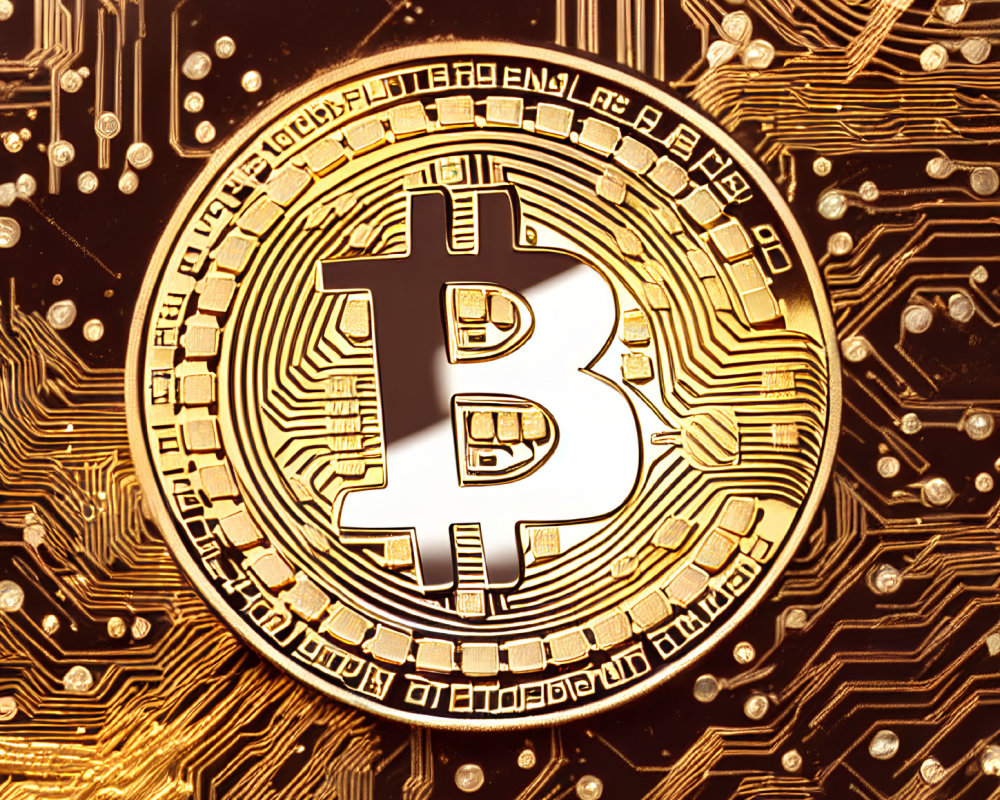 Golden Bitcoin on Circuit Board Symbolizes Digital Finance