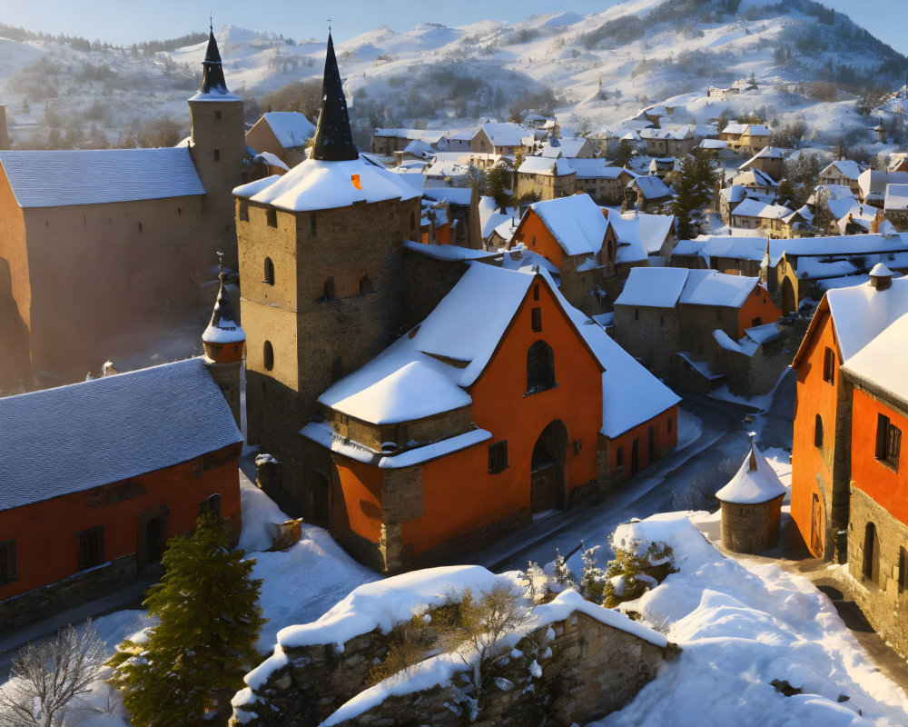 Snow-covered historic village with orange buildings and church spires in golden sunlight
