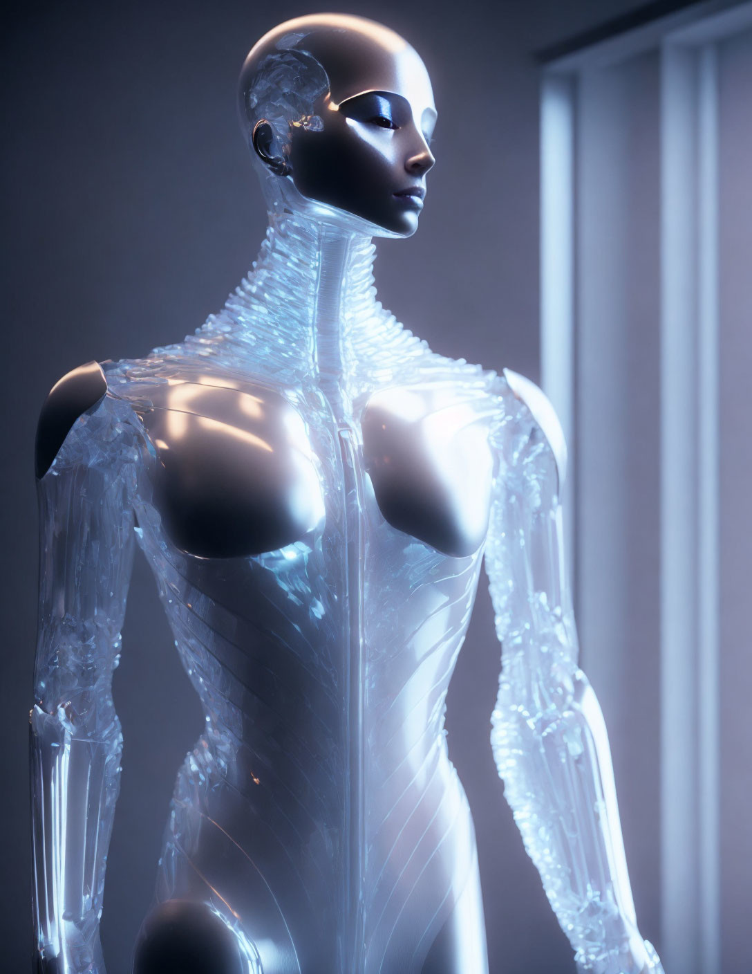 humanoid being made of thin fibers of frosted glas