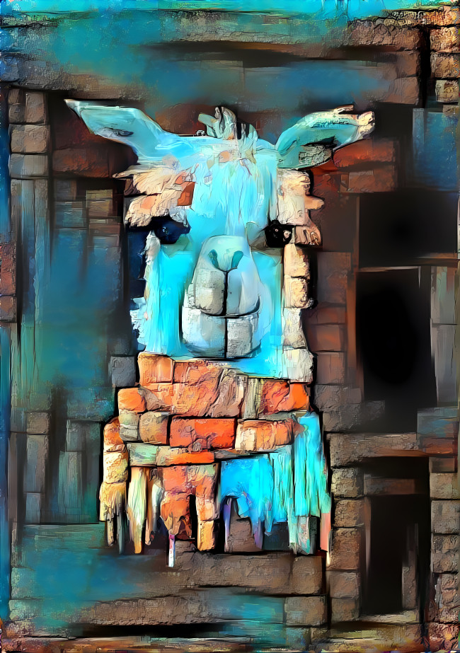 Colorful llama with scarf engraved in wall