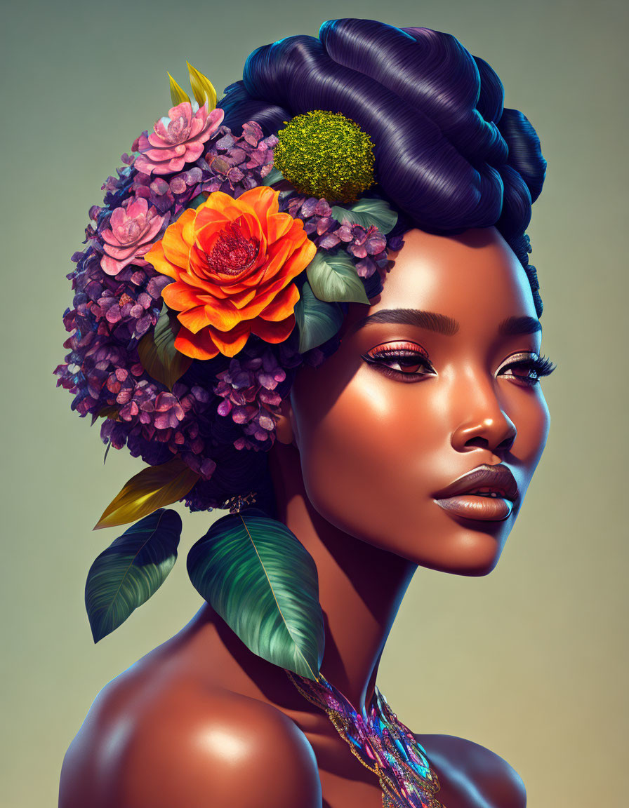 atractive woman with one plants as hairstyle on he