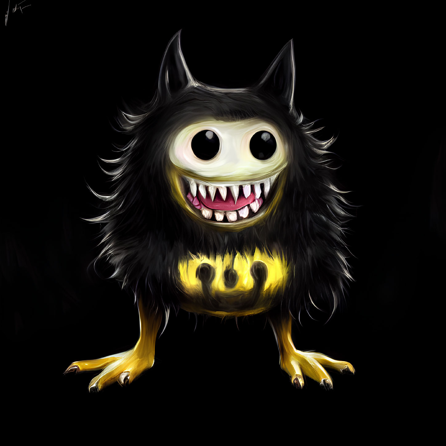 Fuzzy creature with big eyes and pointy ears in black and yellow palette
