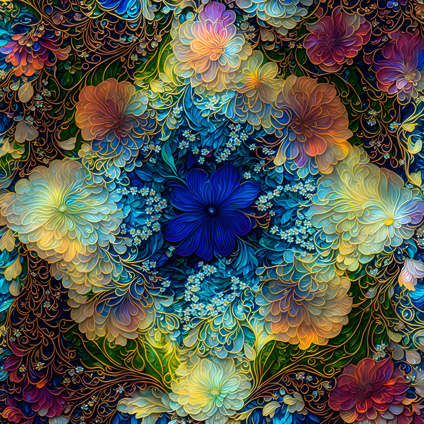 Colorful Digital Artwork: Intricate Floral Pattern in Deep Blues, Golds, and Purple