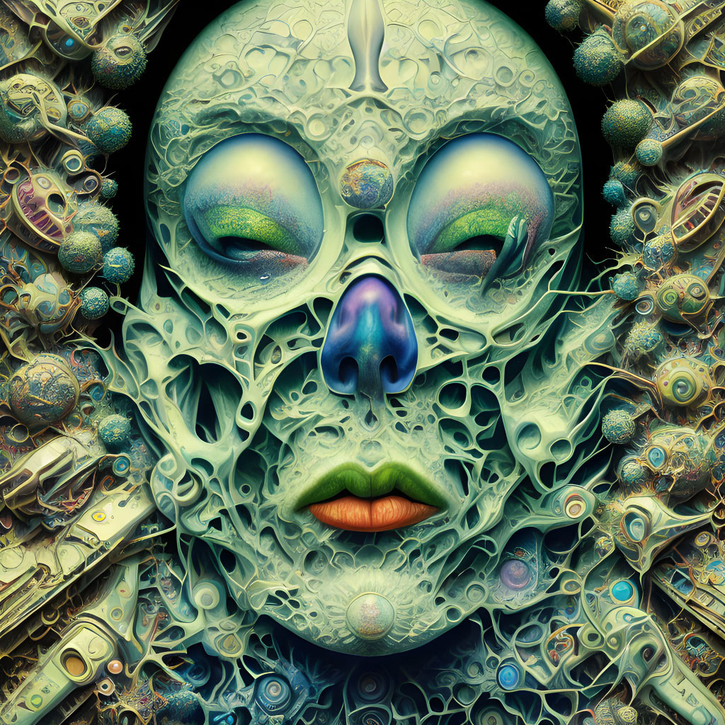Detailed surreal digital artwork: face with mechanical and organic patterns in vivid colors