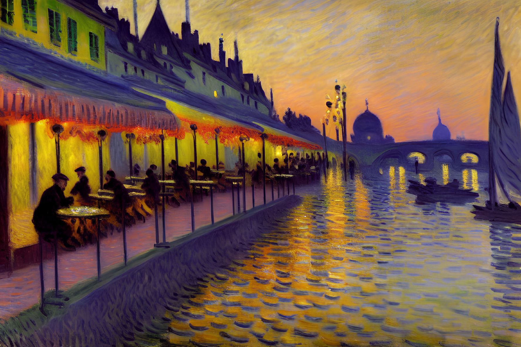 Impressionist-style painting of people dining by river at twilight