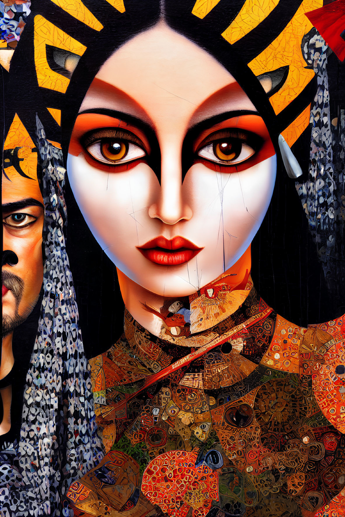 Colorful painting of stylized faces: male on left, female figure with intense eyes, elaborate makeup