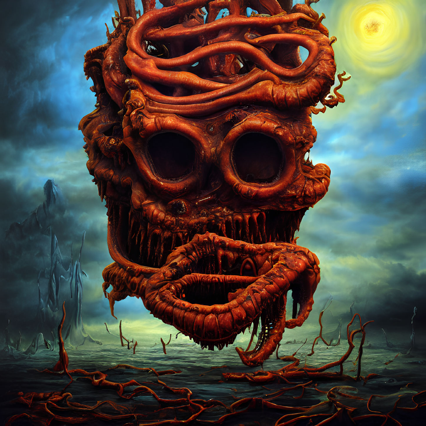 Nightmarish surreal landscape with monstrous face and tentacles under stormy sky