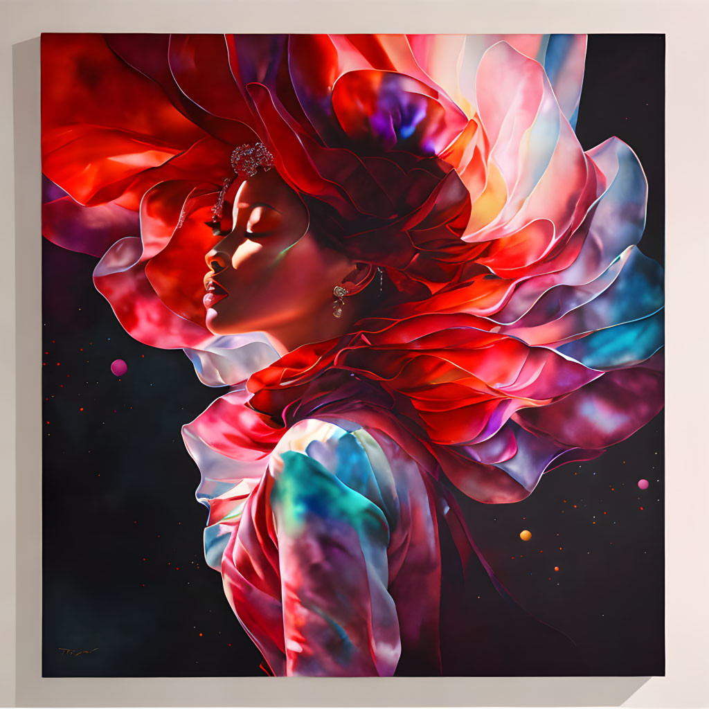 Vibrant surreal illustration: woman with blooming flower on head against dark backdrop