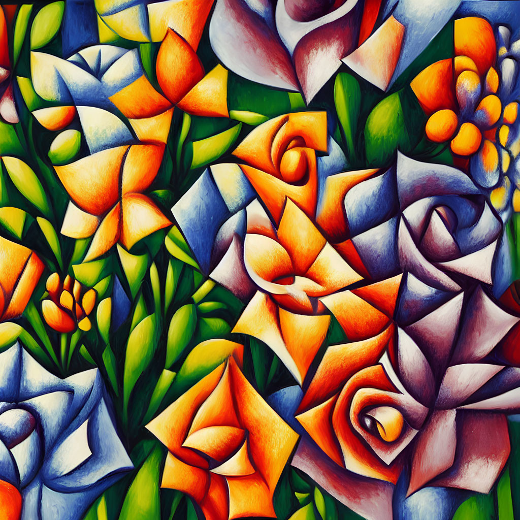 Colorful Abstract Painting with Stylized Flowers in Orange, Blue, and Green