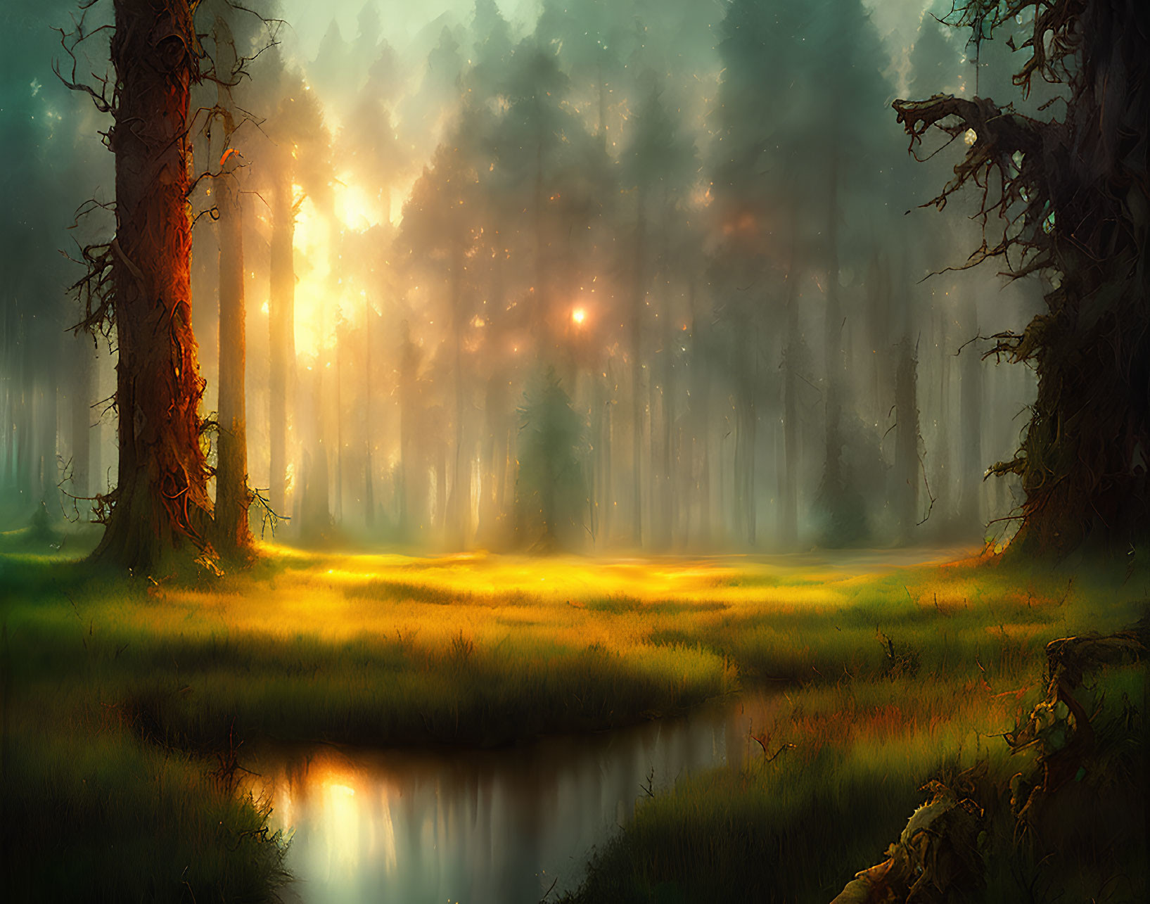 Misty enchanted forest with sunbeams, meadow, and serene stream