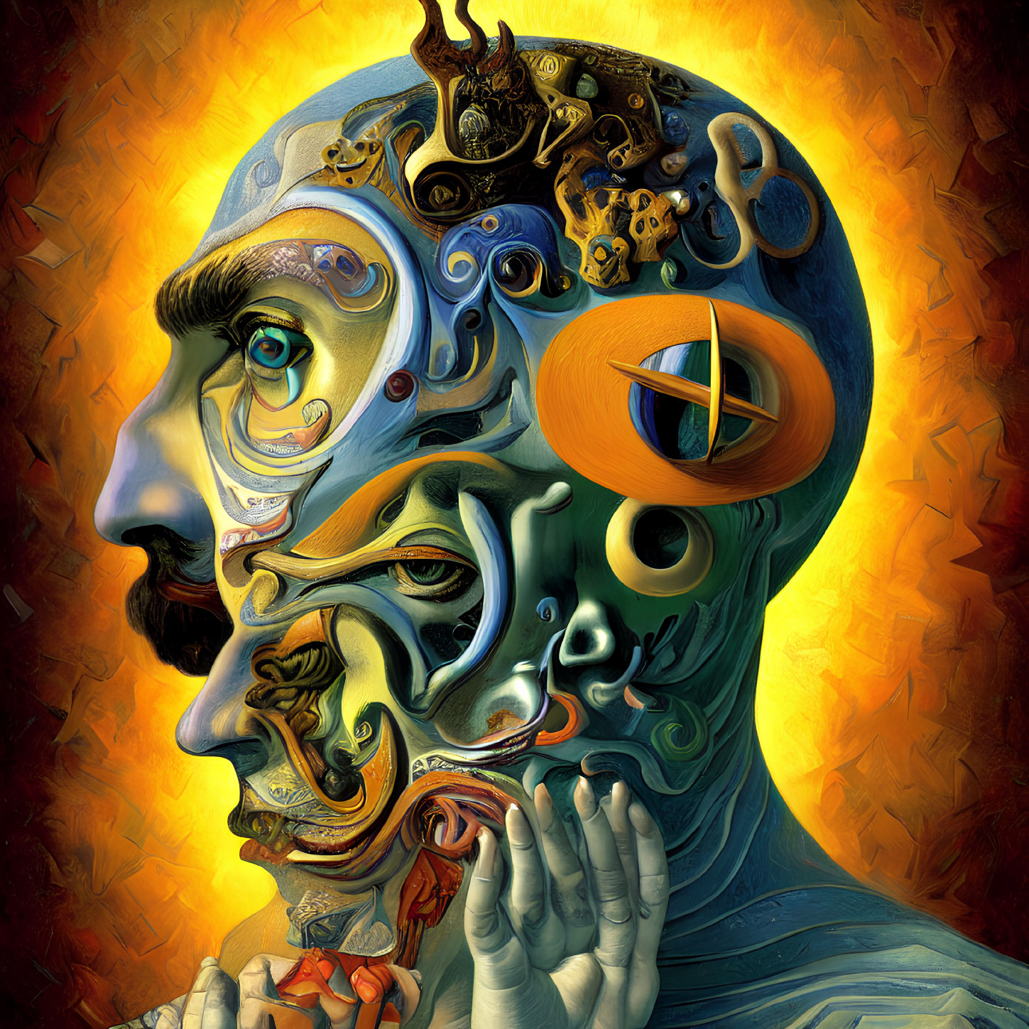 Colorful surreal artwork: Multifaceted head with mechanical elements on fiery backdrop