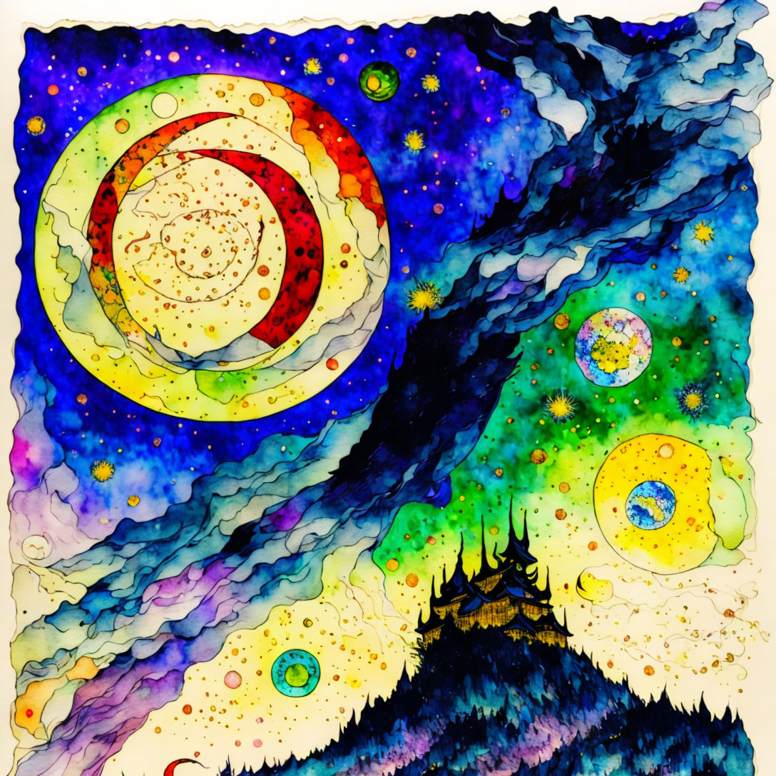 Colorful Watercolor Painting of Cosmic Planets and Stars