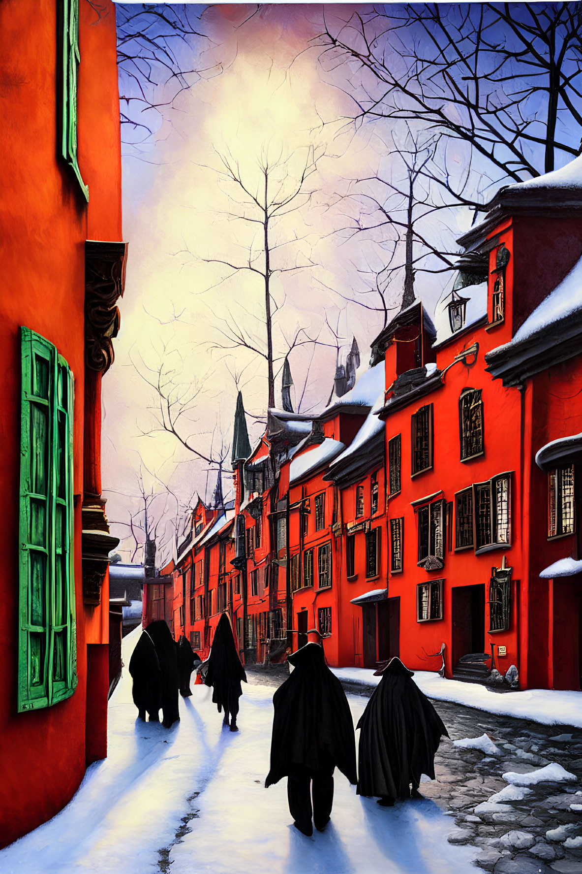 Snow-covered street with red buildings and figures in black cloaks
