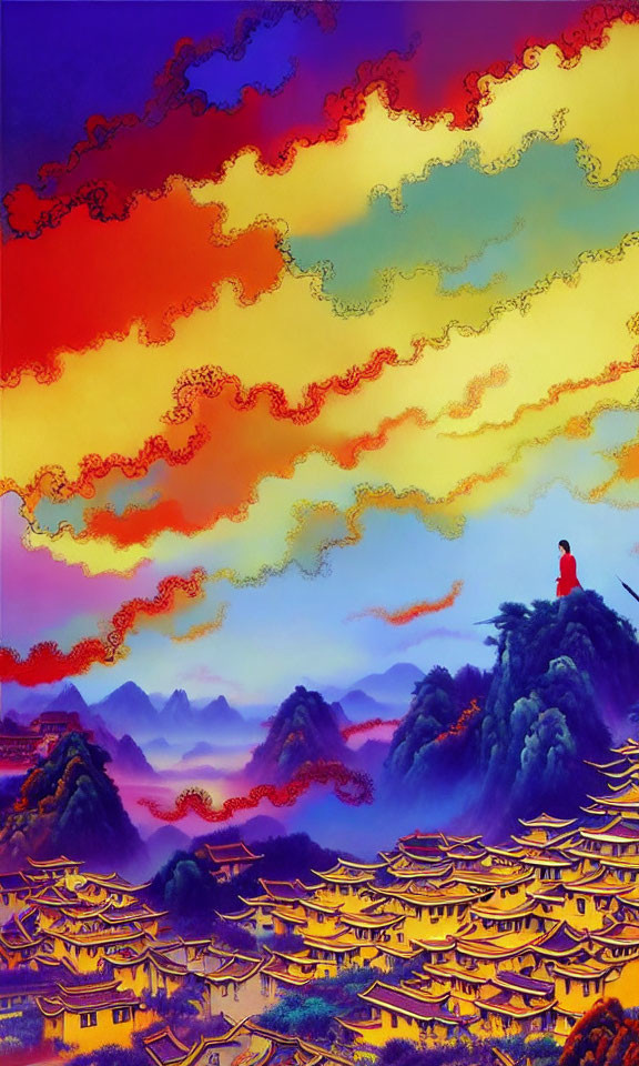 Colorful landscape painting with hills, sky, buildings, and figure