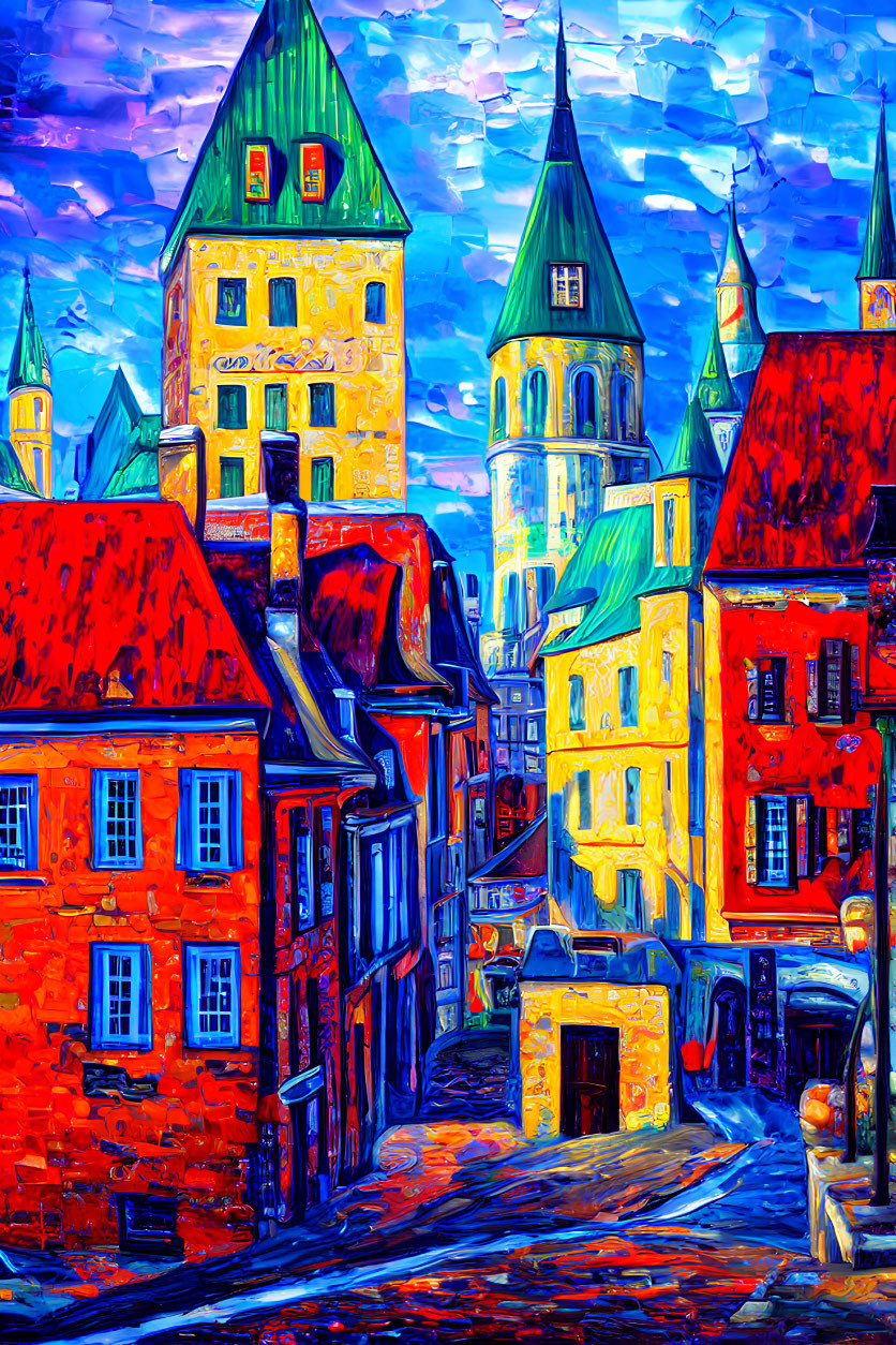 Colorful Expressionist Painting of European Street Scene