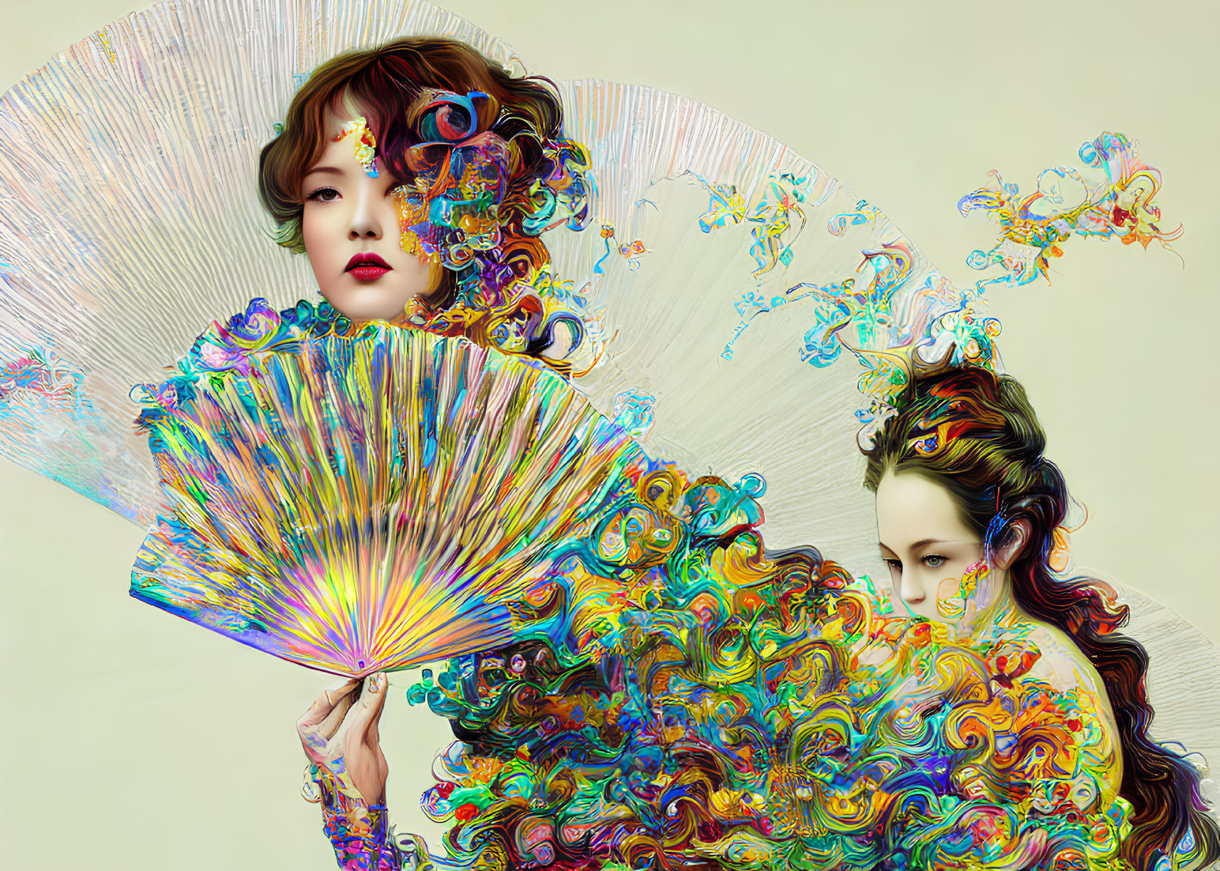 Colorful digital artwork of two women with ornate hair and clothing holding a patterned fan