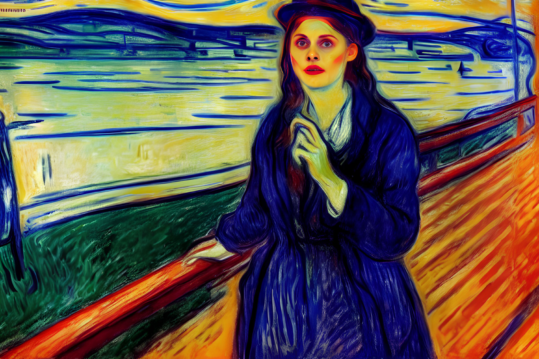 Woman in Blue Coat Standing by Rail Against Vibrant Abstract Background