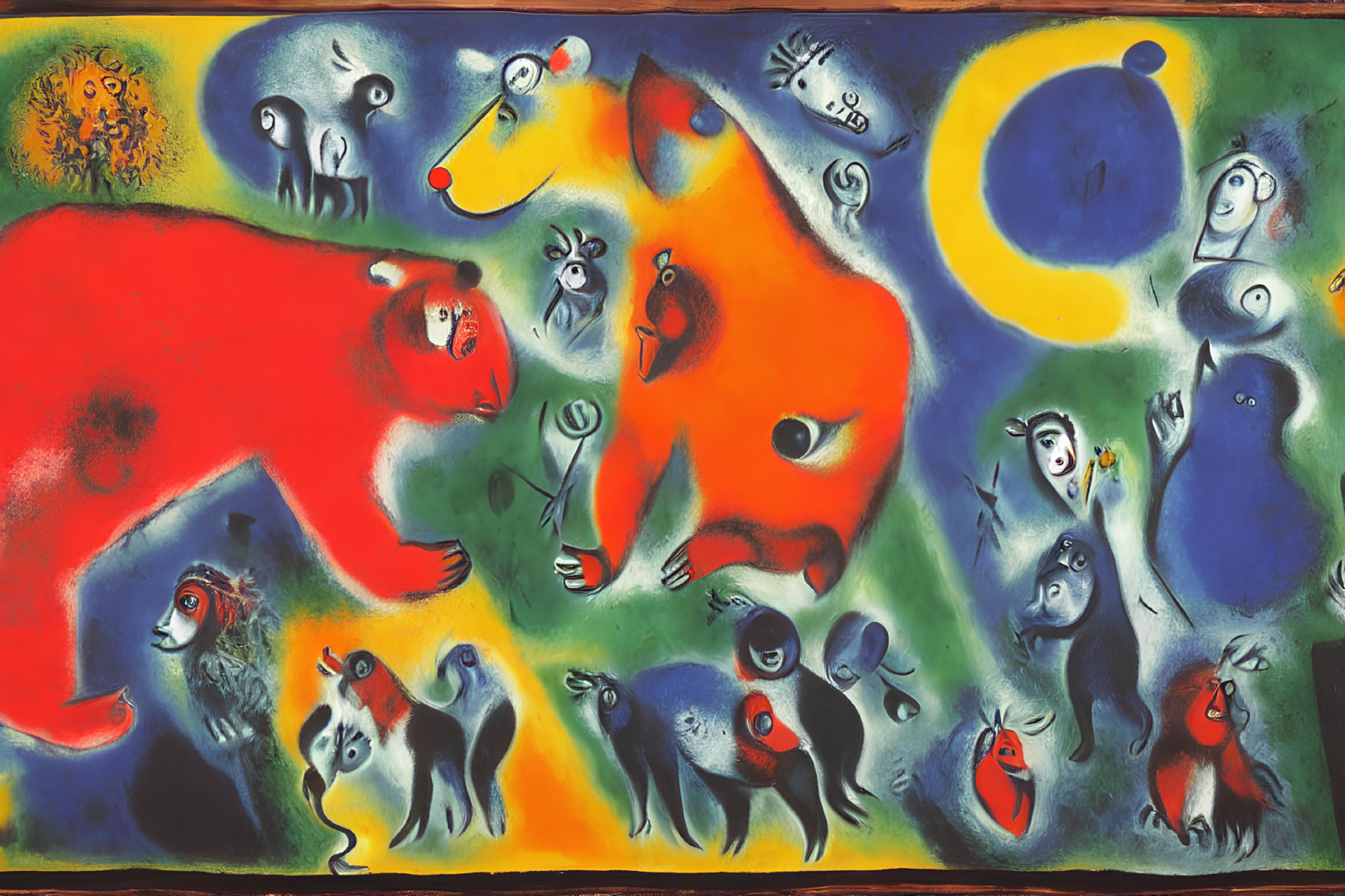 Colorful Abstract Painting with Celestial Bodies and Animal-like Figures