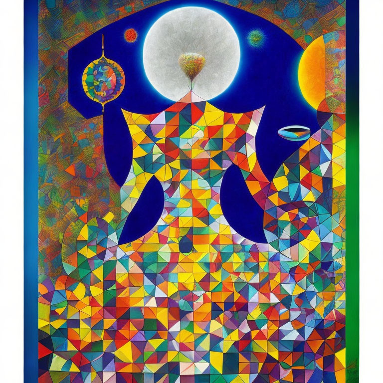 Abstract geometric art with cat, celestial objects, and dreamcatcher on patterned background