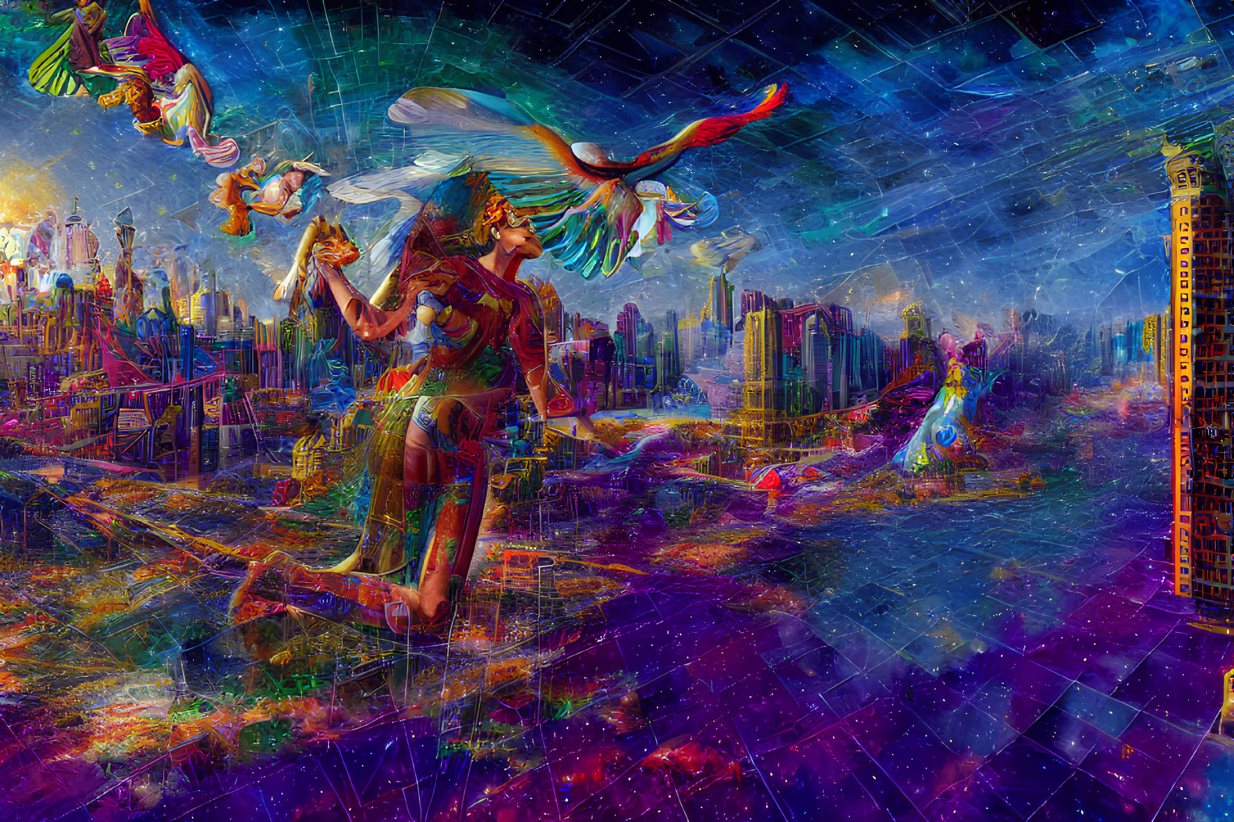 Colorful Psychedelic Illustration: Warrior Woman with Wings in Futuristic Cityscape