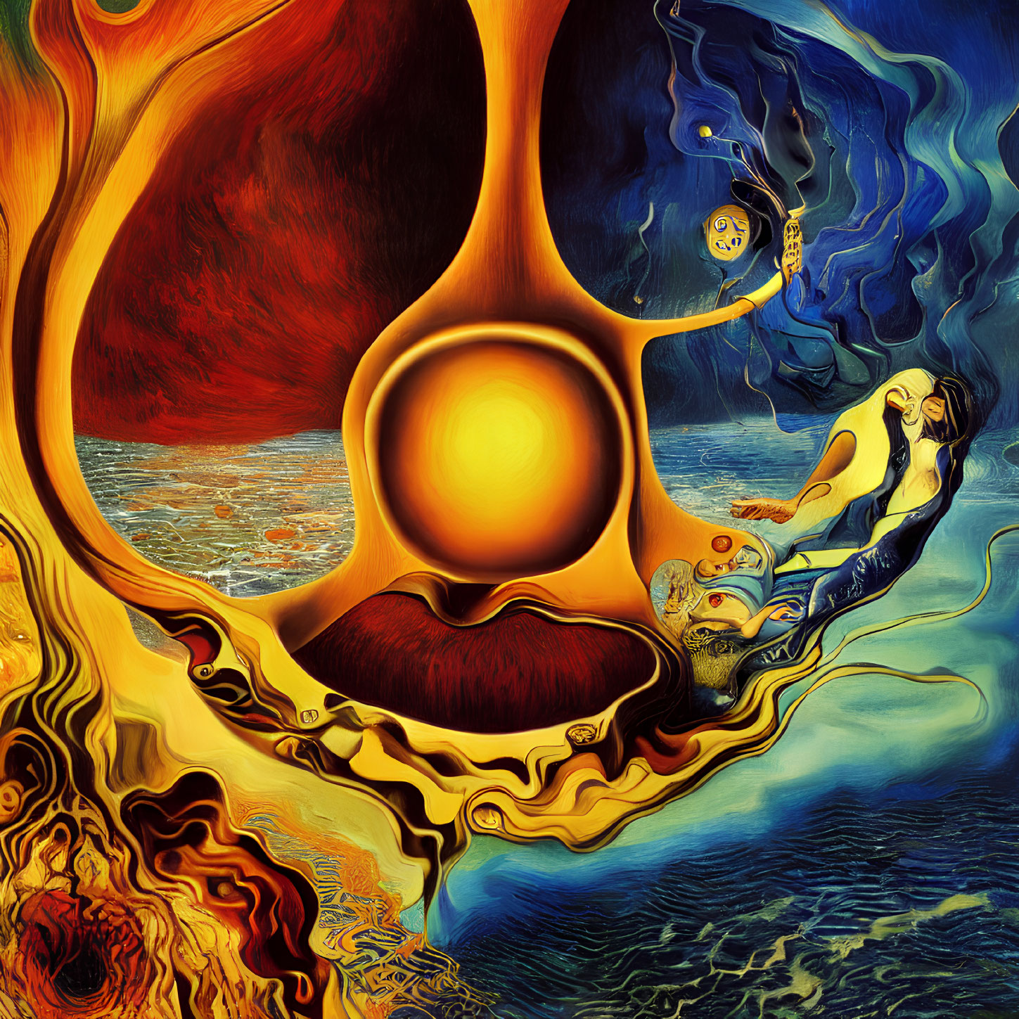 Vibrant surreal painting with abstract forms in red, blue, and gold.