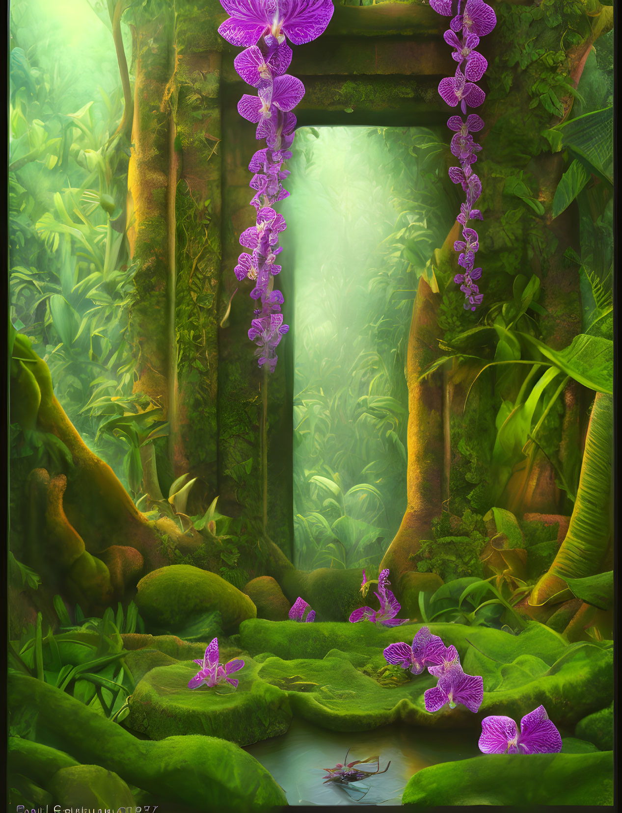 Mystical forest scene with vibrant purple flowers and tranquil pond