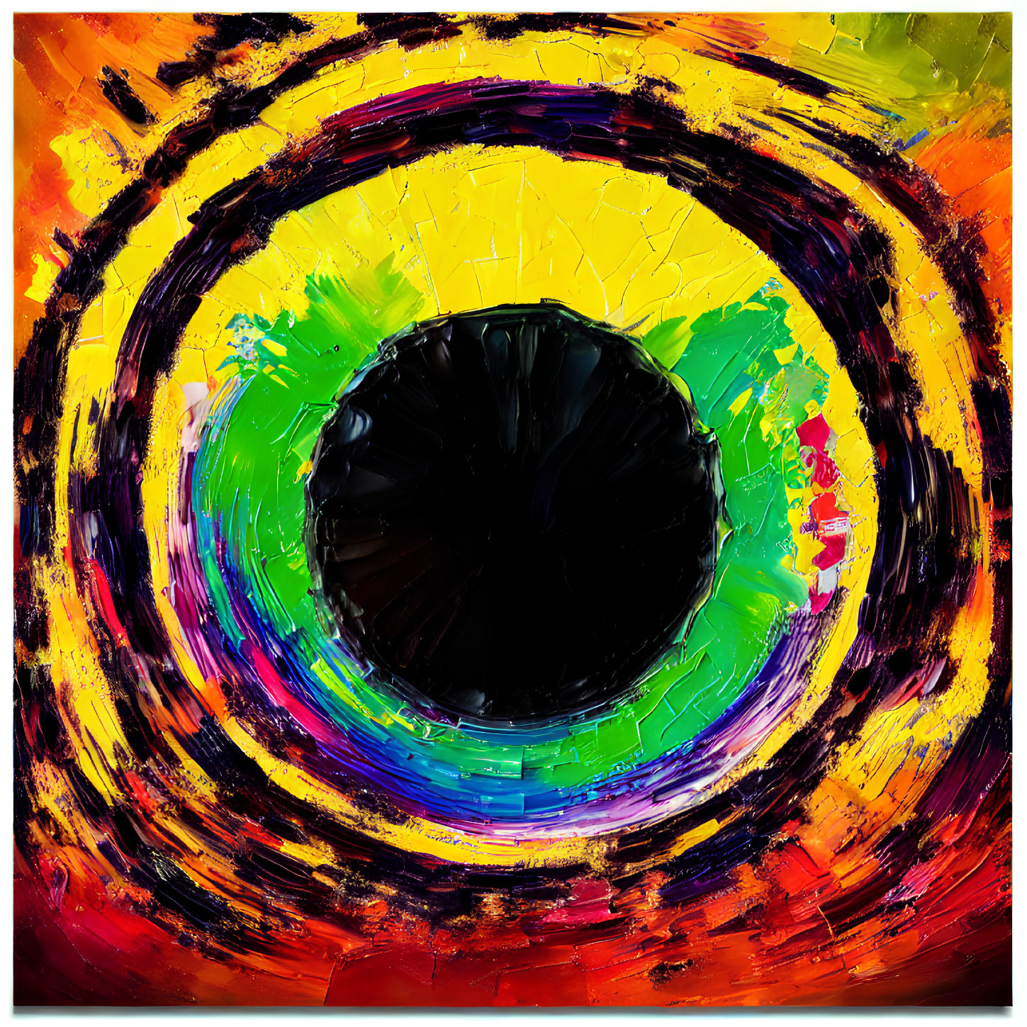 Colorful Abstract Painting with Large Black Circle and Bold Brush Strokes