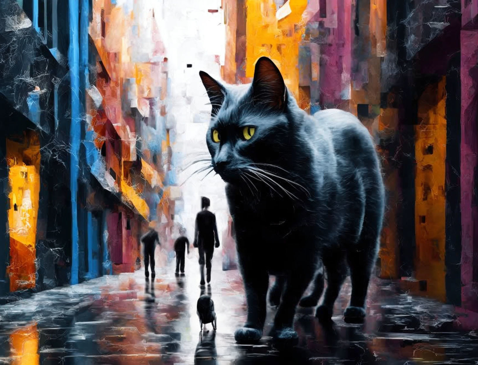 Abstract cityscape painting with large black cat and silhouetted human figures.