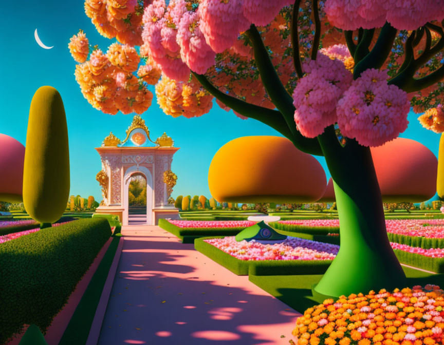 Surreal landscape with pink blossom trees, golden archway, and whimsical topiary