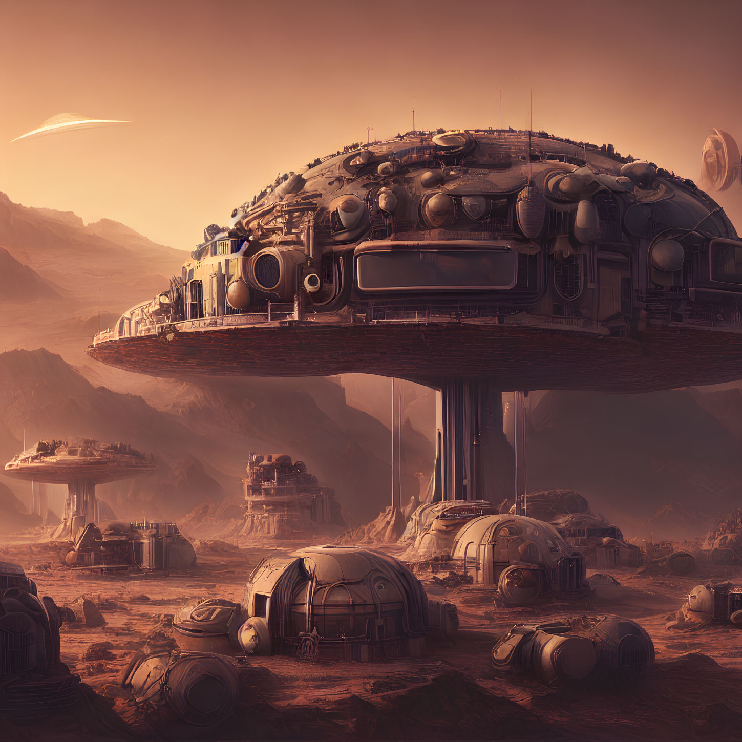 Futuristic Mars-like landscape with domed structures and amber sky