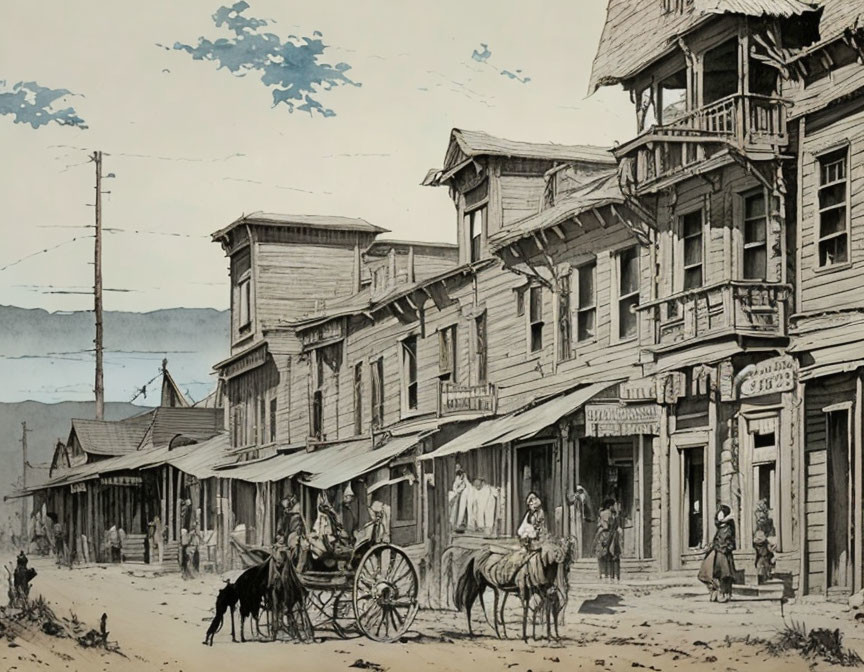 Historical American Western Town Scene with Wooden Buildings
