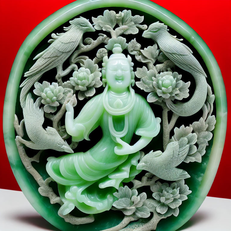 Green and White Jade Carving of Serene Buddha with Floral Motifs