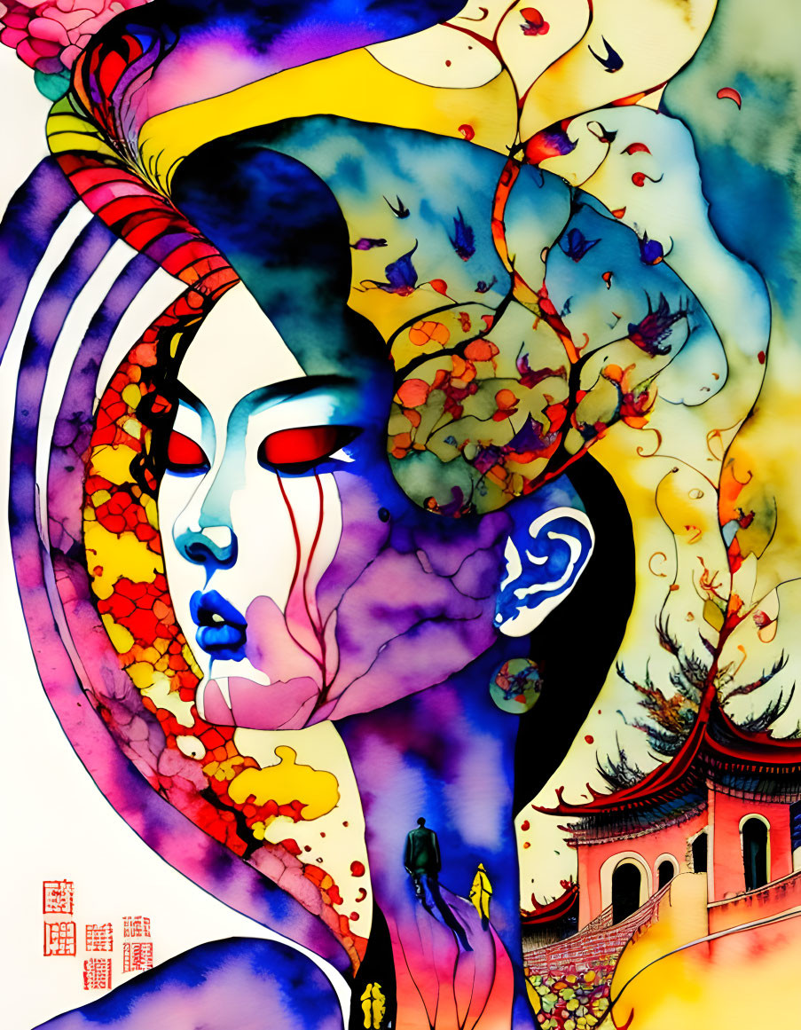 Colorful Stylized Woman's Face with Asian Architecture Background