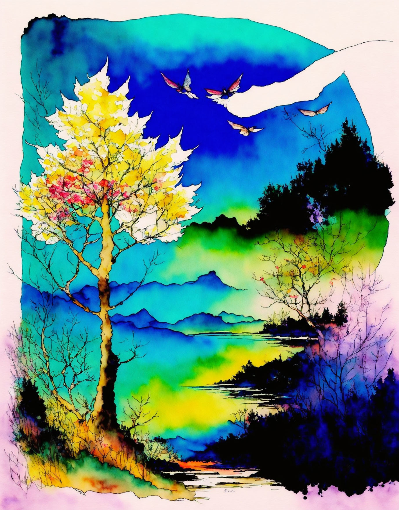 Colorful Watercolor Landscape with Yellow Tree and Flying Birds