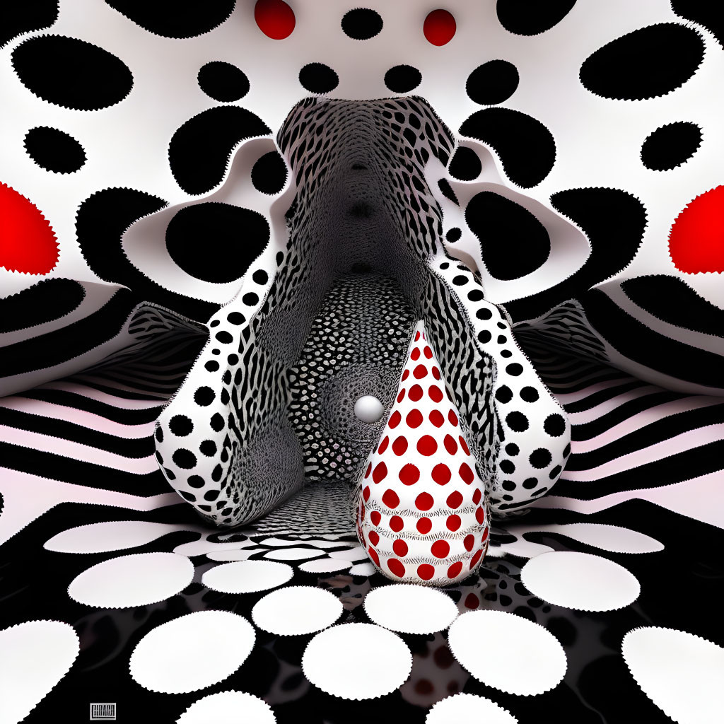 Pattern-heavy surreal artwork with central red polka dots.