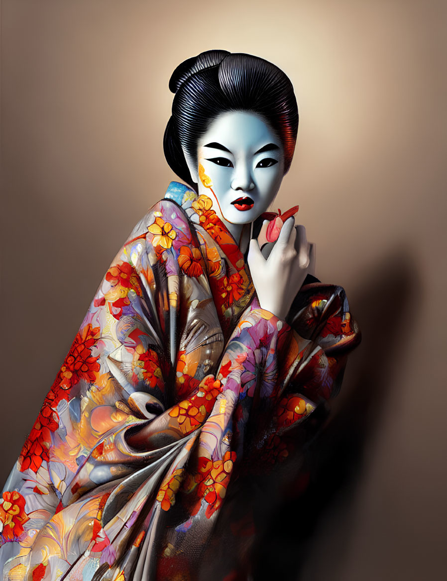 Geisha in Floral Kimono with Elaborate Makeup and Small Object