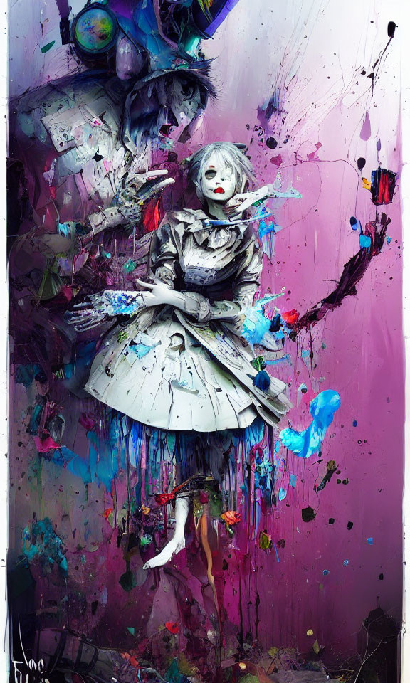 Vibrant abstract artwork featuring doll-like figure and colorful splattered background