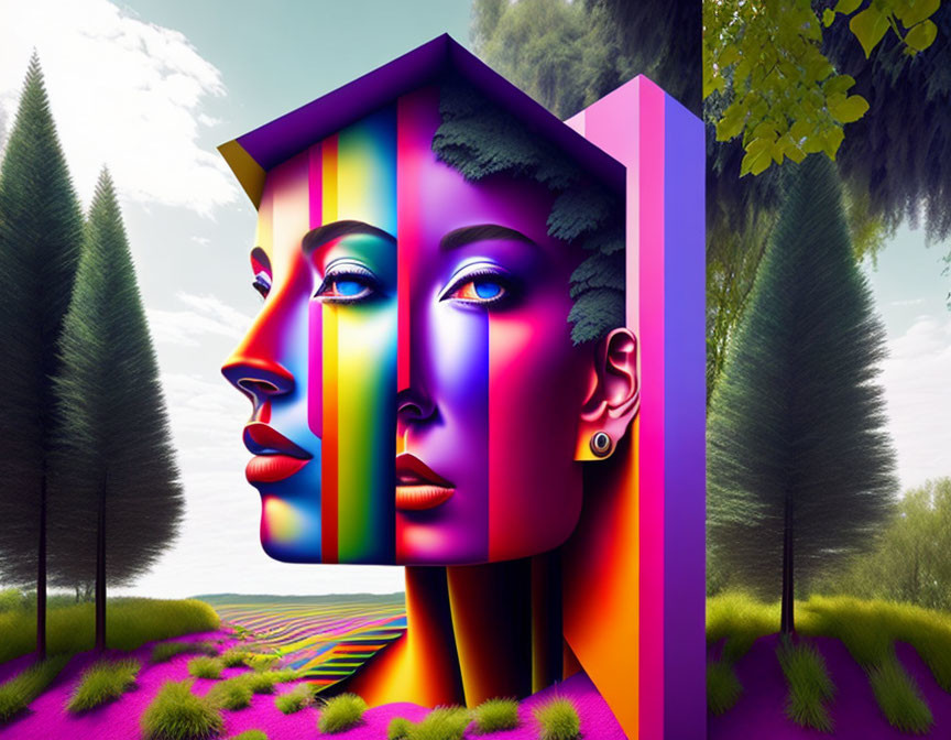 Three-faced profile digital artwork with colorful stripes in surreal landscape