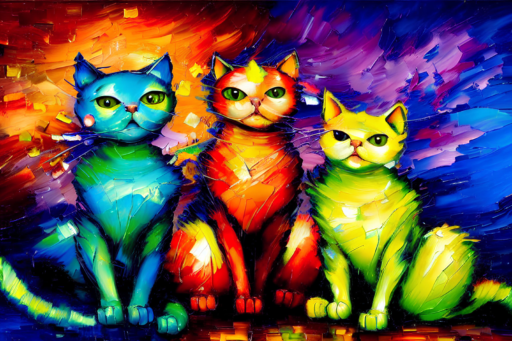 Abstract colorful cat paintings with vibrant brush strokes.