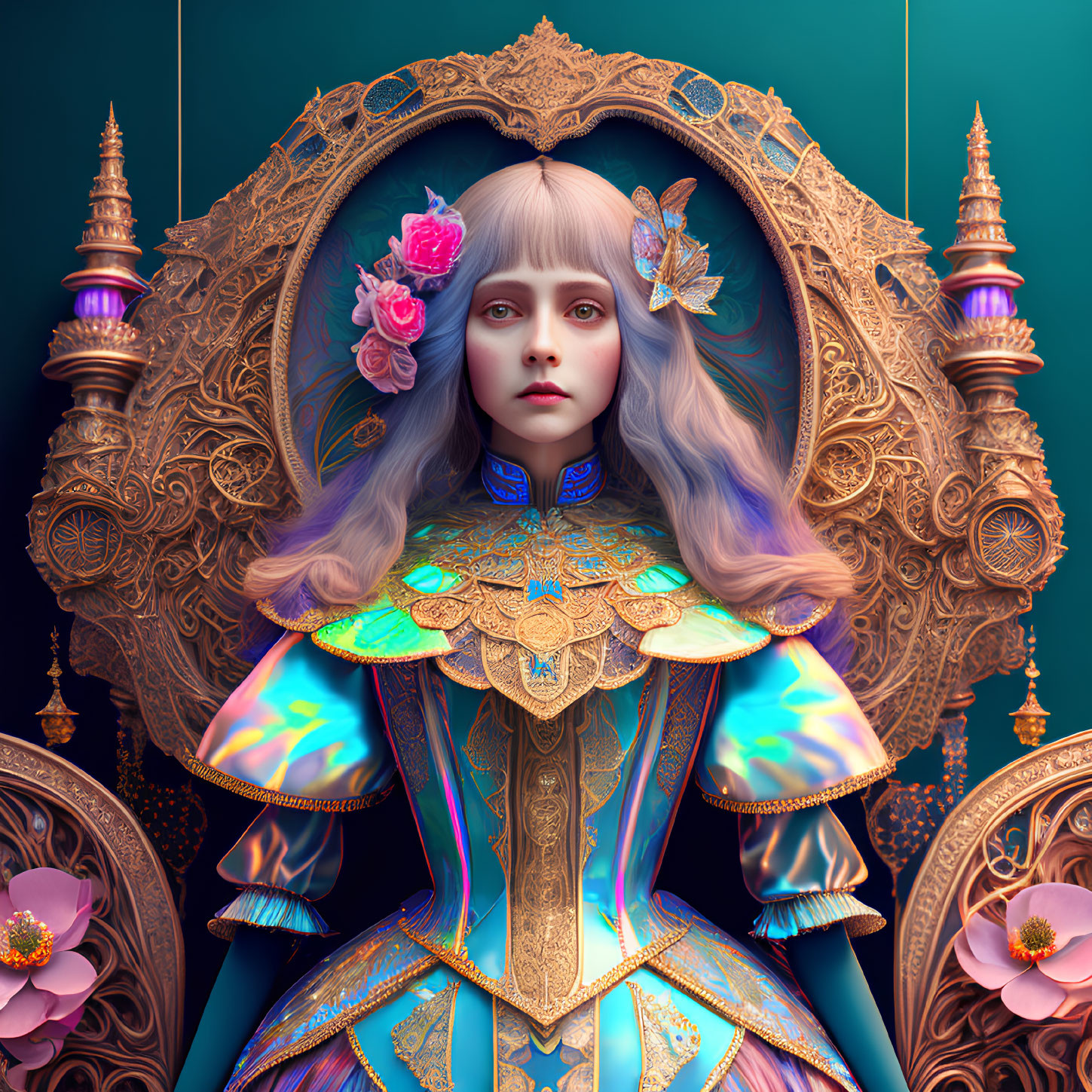 Surreal portrait of woman with pale skin, golden headdress, blue and gold garment
