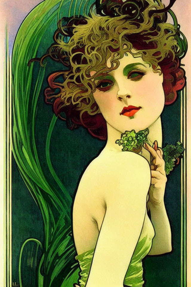 Art Nouveau Style Woman Illustration with Curly Hair and Green Dress