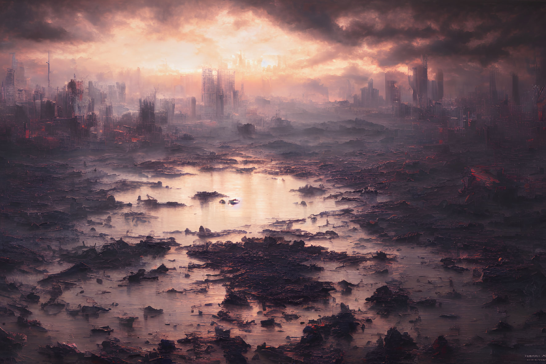 Dystopian landscape with sunlit smog-filled skyline, dilapidated buildings, dark debris.