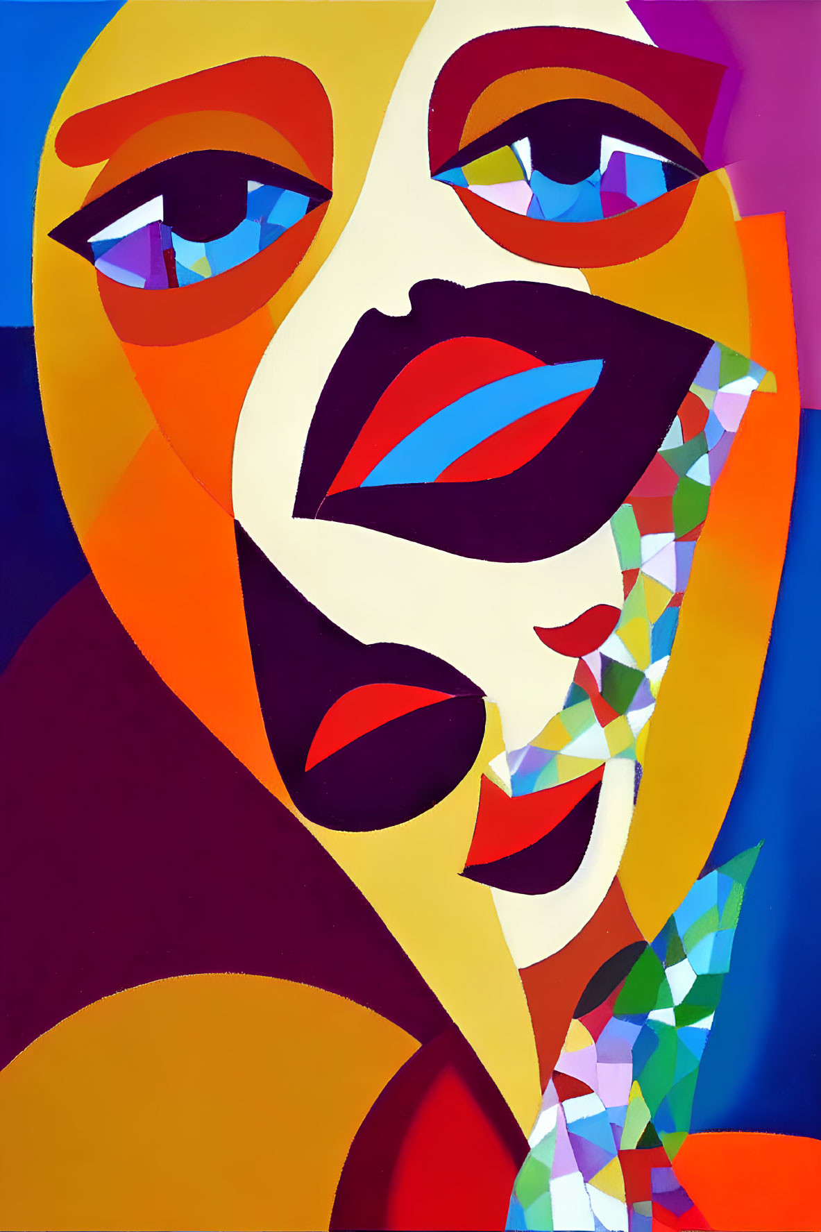 Vibrant abstract portrait with geometric facial features on blue background