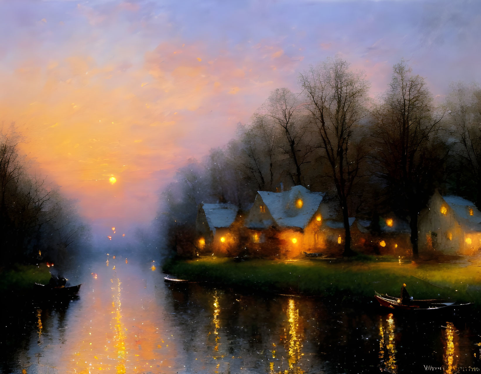 Twilight river scene with glowing cottages and boats at sunset