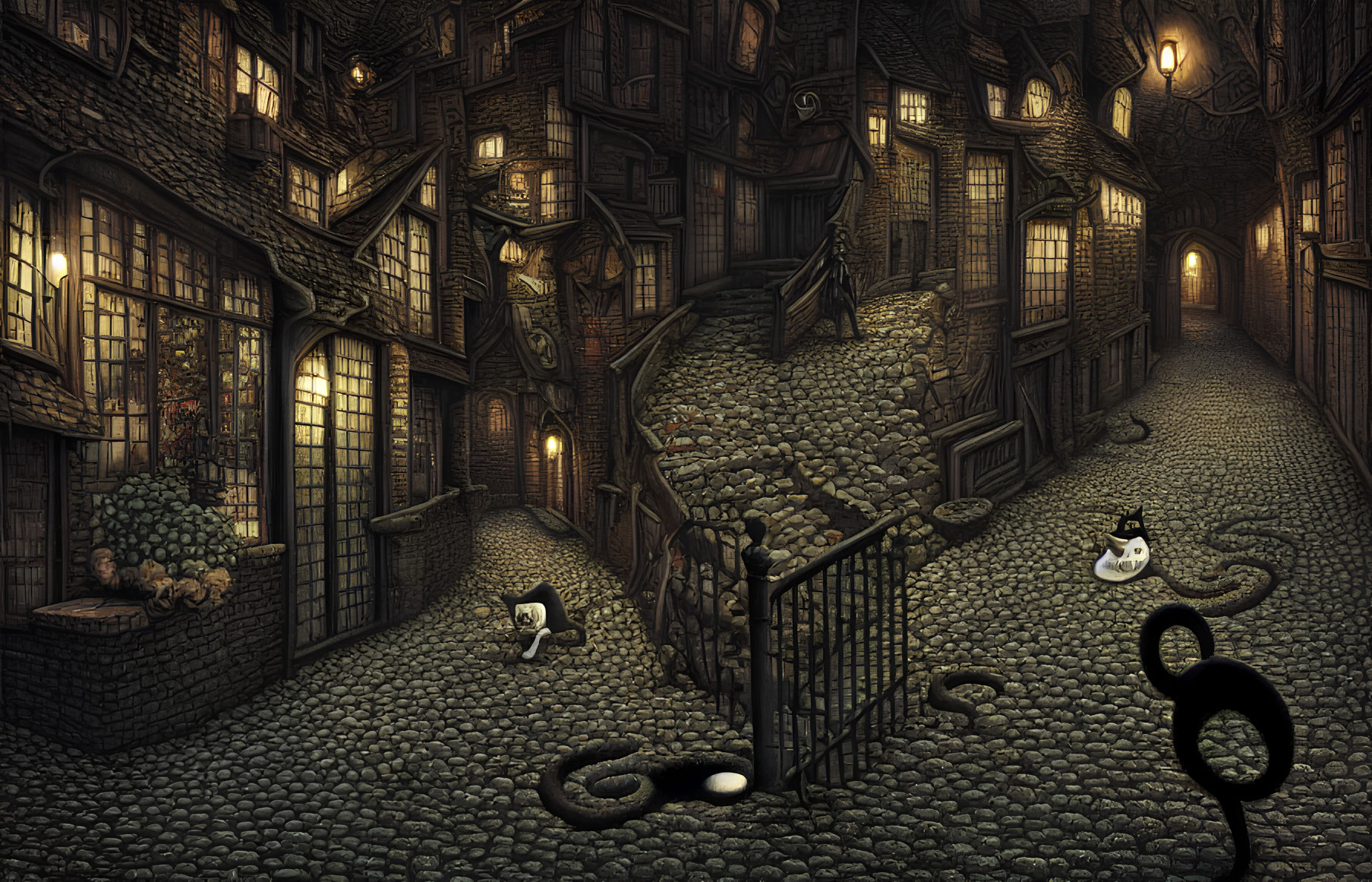 Quaint cobblestone street at night with cats and mysterious tentacles