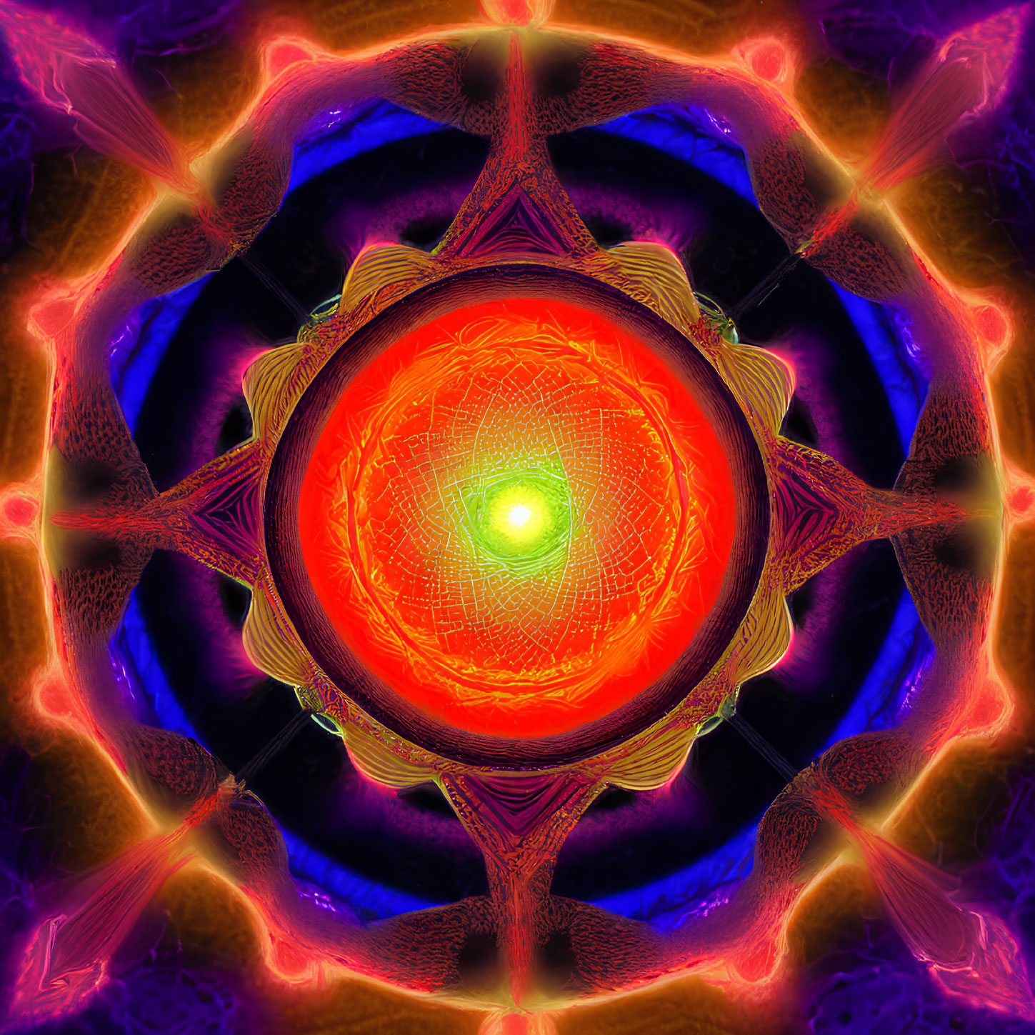 Colorful Digital Mandala with Orange Core and Symmetrical Patterns in Purple, Blue, and Red H